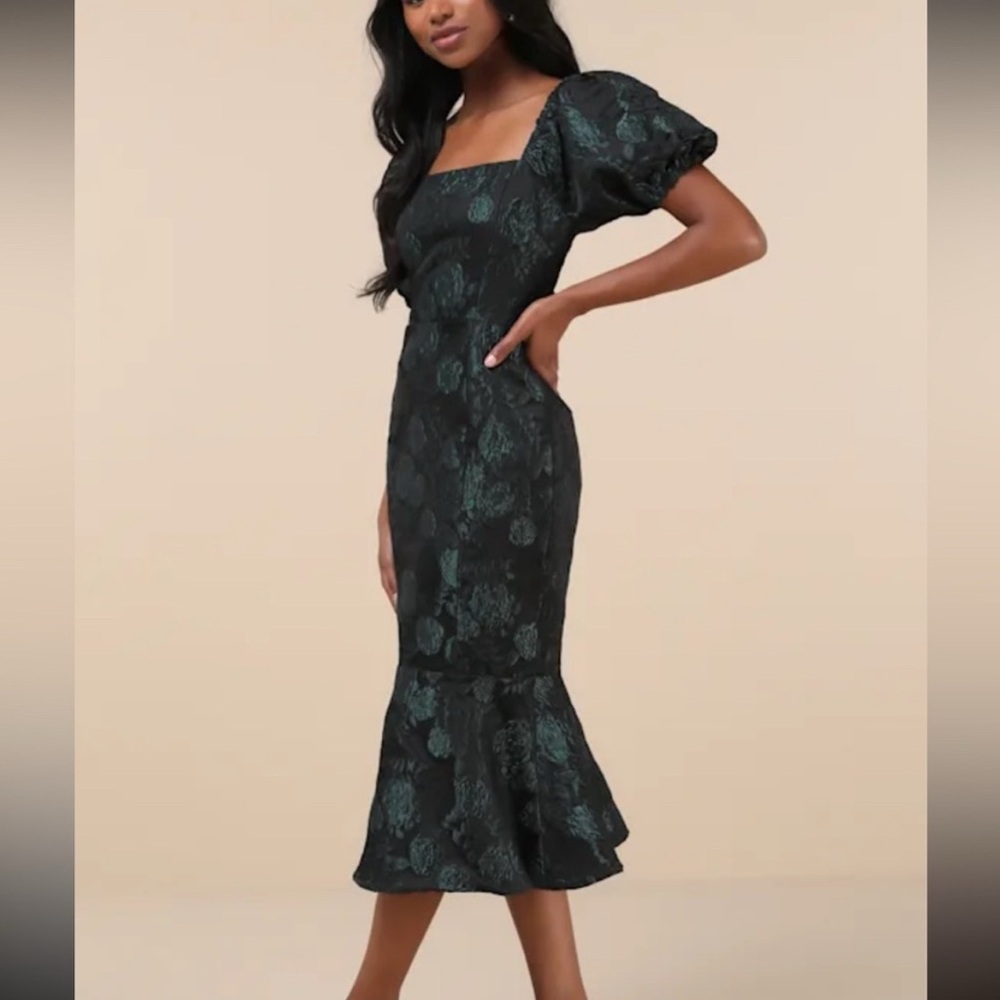 Lulus Majorly Fabulous Black Emerald Green Floral Trumpet Midi Dress - L - Picture 4 of 4